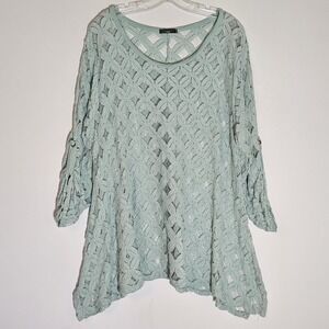 Made in Italy Sweater Womens Large Mint Green Crochet Lace Tunic Boho Open Knit